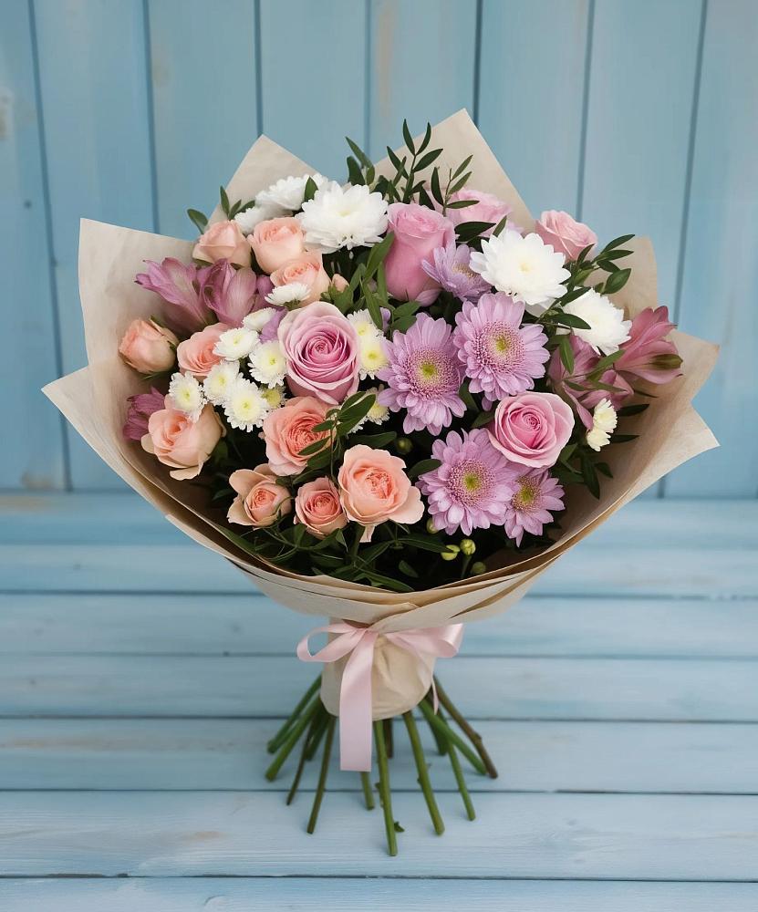 Букет цветов из: Хризантемы, Розы и Альстромерии в Ясной Поляне