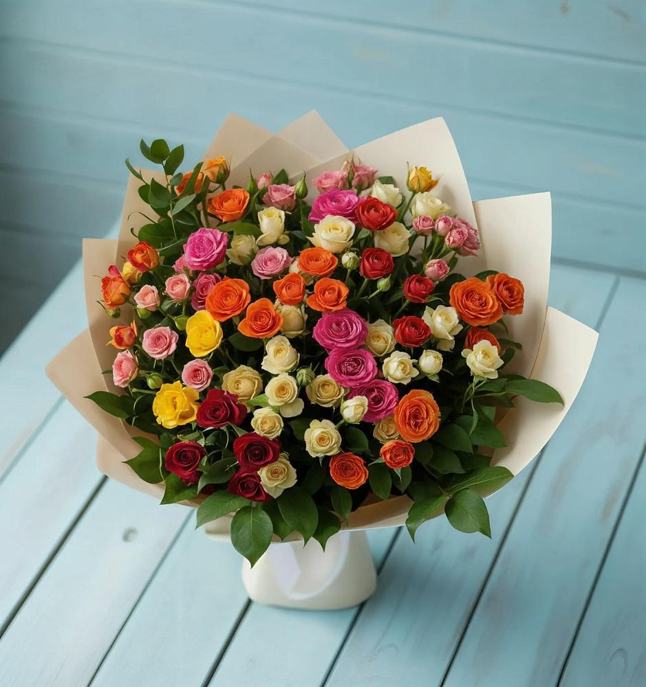 Букет Микс из разноцветных кустовых роз в Ясной Поляне