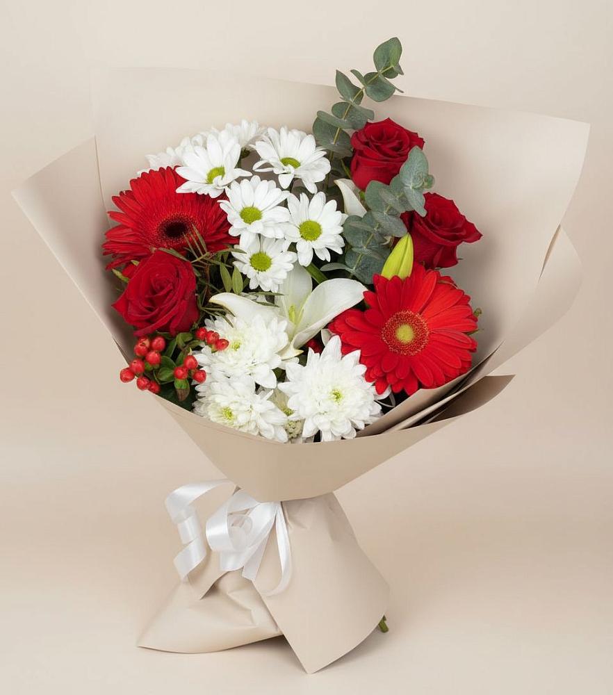 Букет цветов из: Розы, Хризантемы, Герберы и Лилии в Ясной Поляне