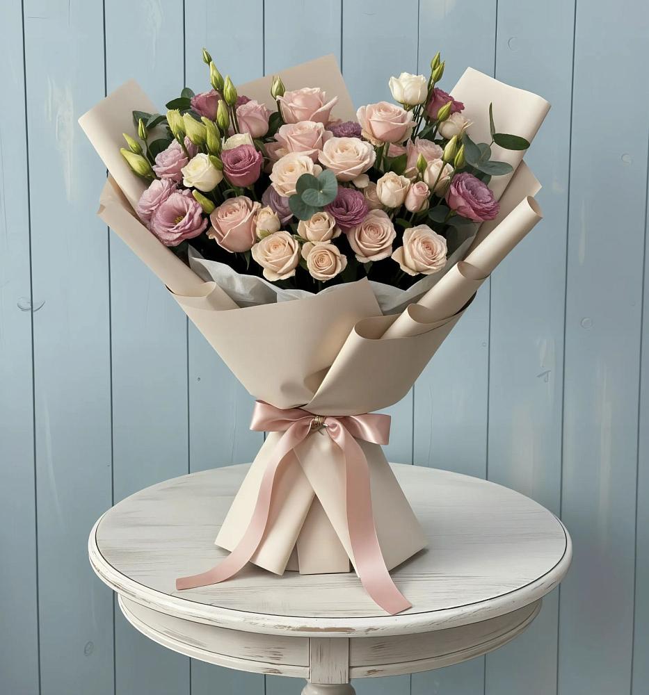 Букет цветов из: Розы и Лизиантусы в Ясной Поляне