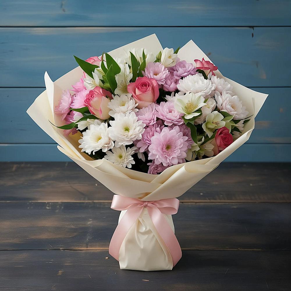 Букет цветов из: Хризантемы, Альстромерии и Розы в Ясной Поляне